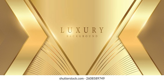 Wide luxury abstract background with gold gradient lines triangle arrows and shadows. Modern light gold color wide metallic banner with angles. Futuristic geometric vector abstract backdrop.