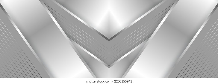 Amplio fondo abstracto de lujo con líneas de gradiente plateado triángulo flechas y sombras. Banner metálico moderno de color plateado amplio con ángulos. Fondo abstracto vectorial geométrico futurista.