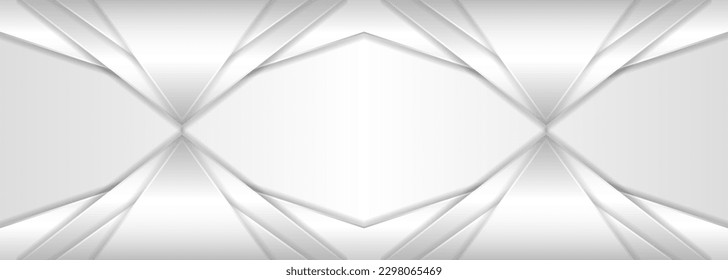 Wide luxury abstract background with silver gradient lines triangle arrows and shadows. Modern light silver color wide metallic banner with angles. Futuristic geometric vector abstract backdrop.