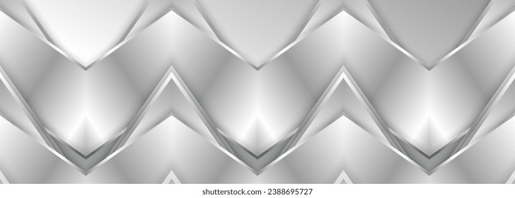 Wide luxury abstract background with silver gradient lines triangle arrows and shadows. Modern light silver color wide metallic banner with angles. Futuristic geometric vector abstract backdrop.