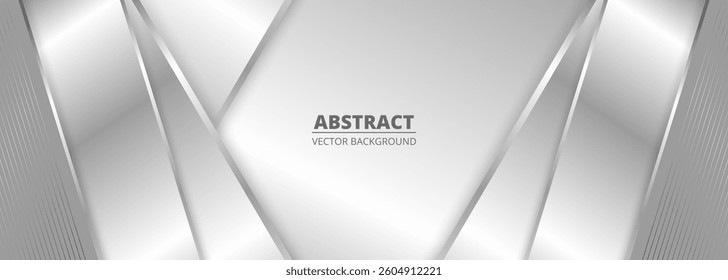 Wide luxury abstract background with silver gradient 3d diagonal lines and shadows. Modern wide metallic banner with angles. Futuristic geometric vector abstract backdrop.
