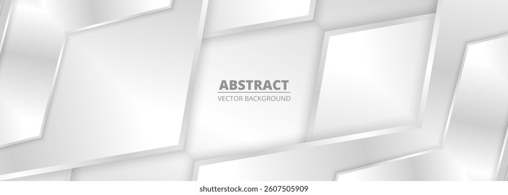 Wide luxury abstract banner with silver gradient 3d geometric shapes and shadows. Vector illustration background.