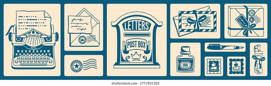 Wide mail aesthetic background with isolated vintage postal stickers. Features typewriter, package, envelope, letter, post box. Monochrome retro service elements