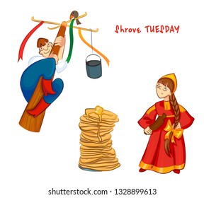 wide Maslenitsa festivities. The Russian traditions to climb a column for Maslenitsa, pancakes and girl in a kokoshnik.