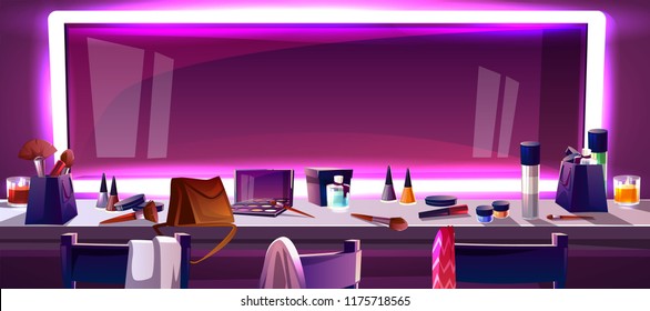 Wide mirror for makeup surrounded by frame of LED strip lght, cartoon vector illustration. Dressing table and mirror in artists dressing room, on shelf are accessories for drawing make-up