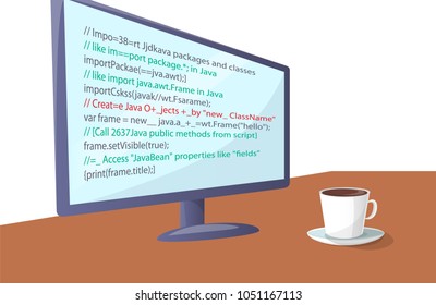 Wide modern screen with program code on table. Big screen with program under development and cup of hot coffee on desk cartoon vector illustration.