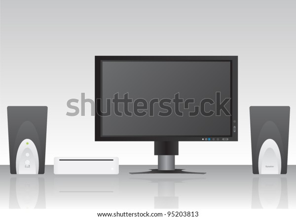 Wide Monitor Illustration with Workstation and\
Two Speakers