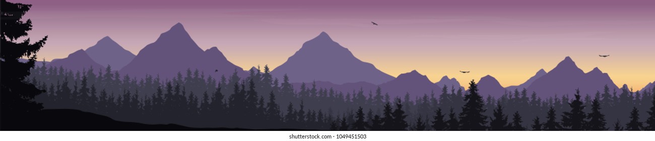 wide mountain landscape with forest and flying birds under the morning sky with clouds and rising sun - vector, suitable for outdoor advertising