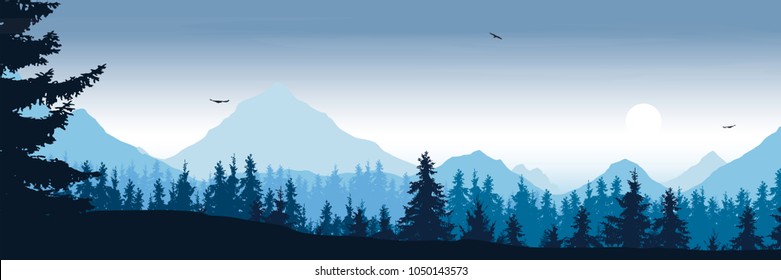 wide mountain landscape with forest and flying birds under the morning sky with clouds and rising sun - vector, suitable for outdoor advertising