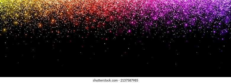 Wide multicolor yellow red pink violet falling particles with glow lights on black background. Vector