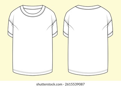 Wide neck opening drop shoulder short sleeve t-shirt technical drawing fashion flat sketch vector illustration template front and back views outline CAD mockup
