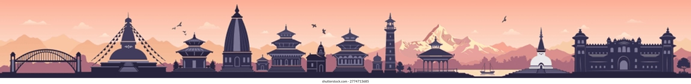 Wide Nepal skyline vector featuring iconic cultural landmarks and Himalayan backdrop in a warm sunset gradient. Clean layered composition with temples, stupa forms, mountain peak, and bridge silhouette, ideal for travel branding, tourism campaigns, wallpapers, and editorial design requiring recognizable Nepal identity.