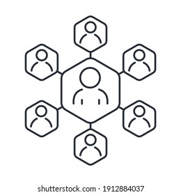 A wide network of connections uniting groups of people. Vector linear icon isolated on white background.