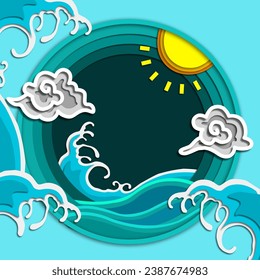 Wide Ocean with Blue Waves and Cloudy Sky papercut style