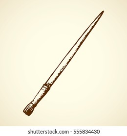 Wide old acrylic brush isolated on white backdrop. Freehand outline ink hand drawn object sketchy in antique artsy scribble design style pen on paper. Closeup detail view with space for text
