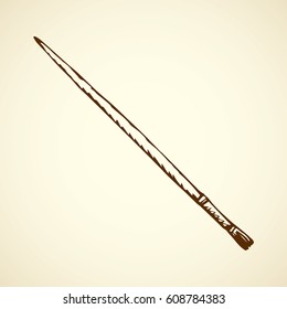 Wide old plastic acrylic brush isolated on white backdrop. Freehand outline ink hand drawn object sketchy in antique artsy scribble design style pen on paper. Closeup view with space for text