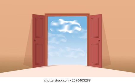 Wide open blue double doors 3d render, welcome concept abstract background vector illustration design