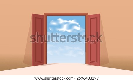 Wide open blue double doors 3d render, welcome concept abstract background vector illustration design