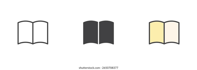 Wide open book with curved pages icon set. Includes outline, solid and colorful filled outline styles. Book icon vector symbol and educational sign.