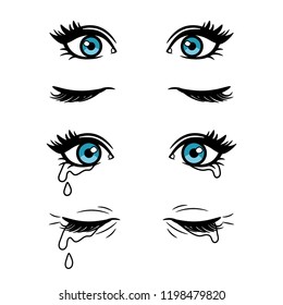 Wide open and closed vector cartoon female eyes. Crying blue eyes isolated on white background