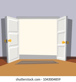 Wide open doorway from the room. Welcome to real world. Vector illustration.