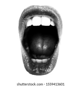 Open mouth with vampire fangs in trendy halftone Vector Image