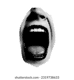 Wide open Halftone Female Mouth. Front view. Vector Isolated dotted isolated illustration.