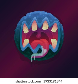 Wide open monster mouth with sharp jaws and drooling, flat cartoon vector illustration. Scaring terrifying image of monster or wild dangerous animal mouth.