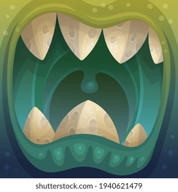 Wide open mouth of angry monster with teeth, flat cartoon vector illustration.