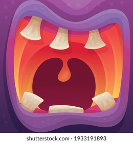 Wide open mouth with a huge and terrifying jaws and tongue, flat cartoon vector illustration. Colorful image of monster or wild fancy animal scaring mouth.
