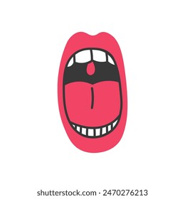 Wide open mouth icon. Throat show. Scream cry shout symbol. Hand drawn red lips white teeth tongue uvula. Hand drawn flat style. Isolated vector illustration.