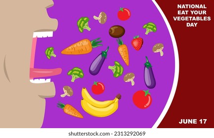 wide open mouth stuffed with fresh fruit and vegetables and bold text commemorating your NATIONAL EAT YOUR VEGETABLES DAY
