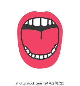 Wide open mouth vector illustration. Dental health, throat showing symbol. Scream cry shout loud speech sing sign. Hand drawn clip art in cartoon flat style