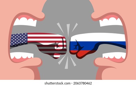 Wide Open Mouths Of Screaming Persons On Opposite Sides, And Tongues Shaped Like Fists And Colored Like Russia And USA Flags. Verbal Battle Of Opponents, Politics And Geopolitics Concept