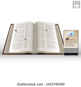 Wide open perfect bound book next to mobile device phone to download reading app from online cloud.