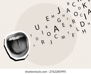 A wide open screaming mouth with random letters flying out of it. Modern photo collage style. Vector illustration
