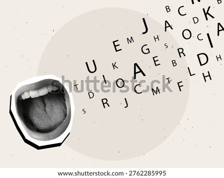 A wide open screaming mouth with random letters flying out of it. Modern photo collage style. Vector illustration