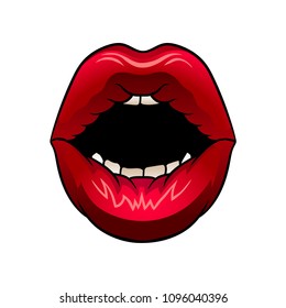 Wide open woman s mouth. Bright red female lips. Flat vector design for mobile app, postcard or beauty salon