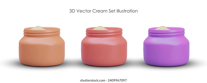 Wide opened jars for cosmetics. Realistic containers for cream, scrub, gel, mask, balm. Vector 3D models of different colors. Set of vector elements for cosmetic business