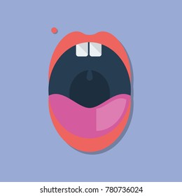 Wide opened mouth with two big teeth, and mole in flat style.
