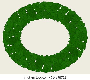 Wide oval frame of green leaves in a circle on a light background