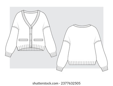 Wide oversize cardigan with a v-neck. Technical scketch.