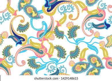 Wide paisley print. Seamless vector pattern with different floral elements inspired by Indian art. Oriental textile collection.  On white background.