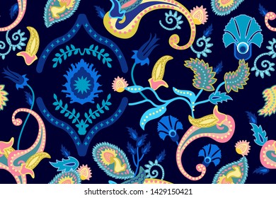 Wide paisley print. Seamless vector pattern with different floral elements inspired by Indian art. Oriental textile collection.  On black background.