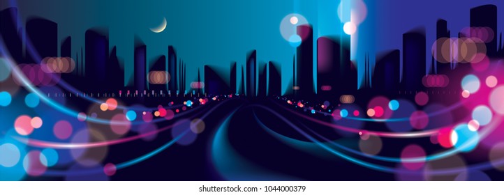 Wide panorama abstract urban night light bokeh , defocused background. Effect vector beautiful background. Blur colorful dark background with cityscape, buildings silhouettes skyline.