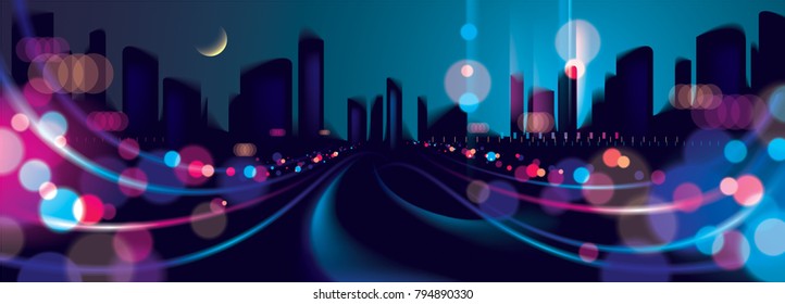 Wide panorama abstract urban night light bokeh , defocused background. Effect vector beautiful background. Blur colorful dark background with cityscape, buildings silhouettes skyline.