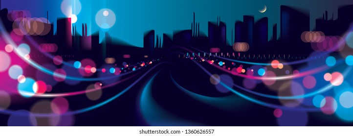 Wide panorama big city nightlife with street lamps and bokeh blurred lights. Effect vector beautiful background. Blur colorful dark background with cityscape, buildings silhouettes skyline.