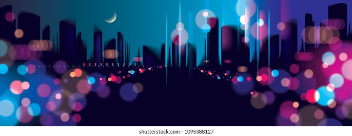 Wide panorama blurred street lights, urban abstract background. Effect vector beautiful background. Big city nightlife. Blur colorful dark background with cityscape, buildings silhouettes skyline.