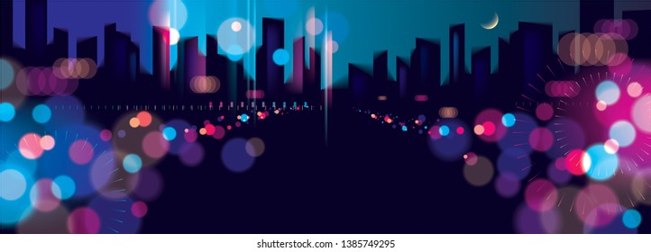 Wide panorama blurred street lights, urban abstract background. Effect vector beautiful background. Big city nightlife. Blur colorful dark background with cityscape, buildings silhouettes skyline.