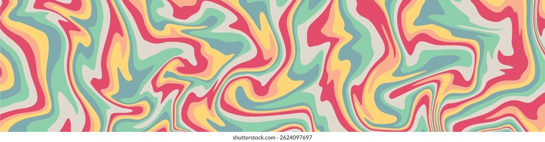 a wide, panoramic abstract pattern featuring colorful, swirling shapes in pink, yellow, teal, and grey, resembling liquid marble.